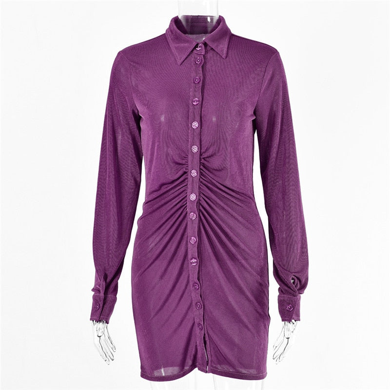 Autumn Ruched Long Sleeve Bodycon Turn-Down Collar Mini Dress Button Slim Party Dress The Clothing Company Sydney