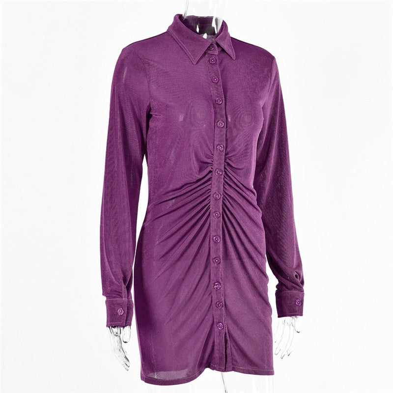 Autumn Ruched Long Sleeve Bodycon Turn-Down Collar Mini Dress Button Slim Party Dress The Clothing Company Sydney