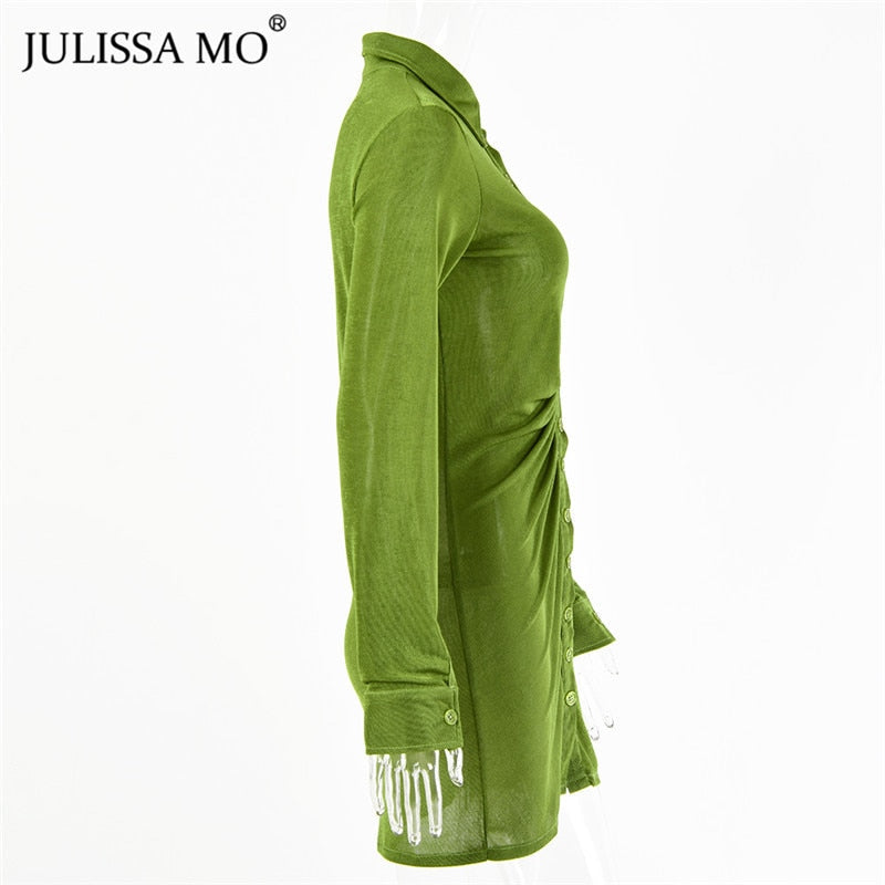 Autumn Ruched Long Sleeve Bodycon Turn-Down Collar Mini Dress Button Slim Party Dress The Clothing Company Sydney