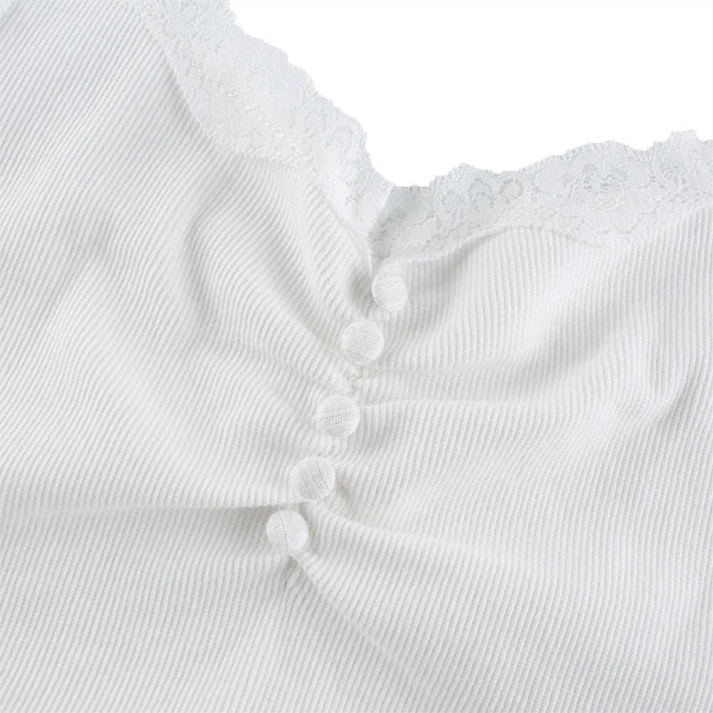 Streetwear Lace Patchwork Summer White Tank Top Y2K Leisure Outfit Basic Casual Crop Top The Clothing Company Sydney