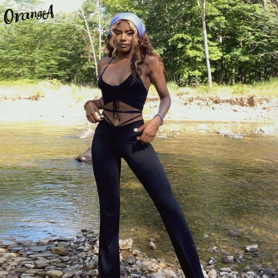 2 Piece Halter bandage v-neck sleeveless ruched tops sweatpants matching clubwear stretchy skinny bodycon Set The Clothing Company Sydney