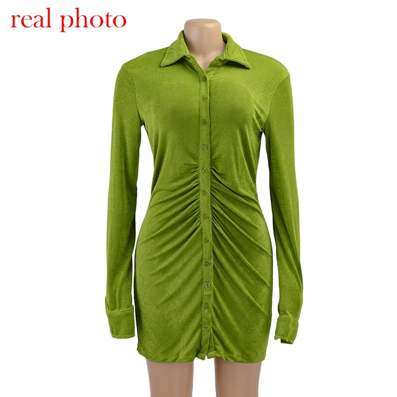 Turn-Down Collar Green Shirt Club Party Long Sleeve Button Mini Dress Spring Streetwear The Clothing Company Sydney