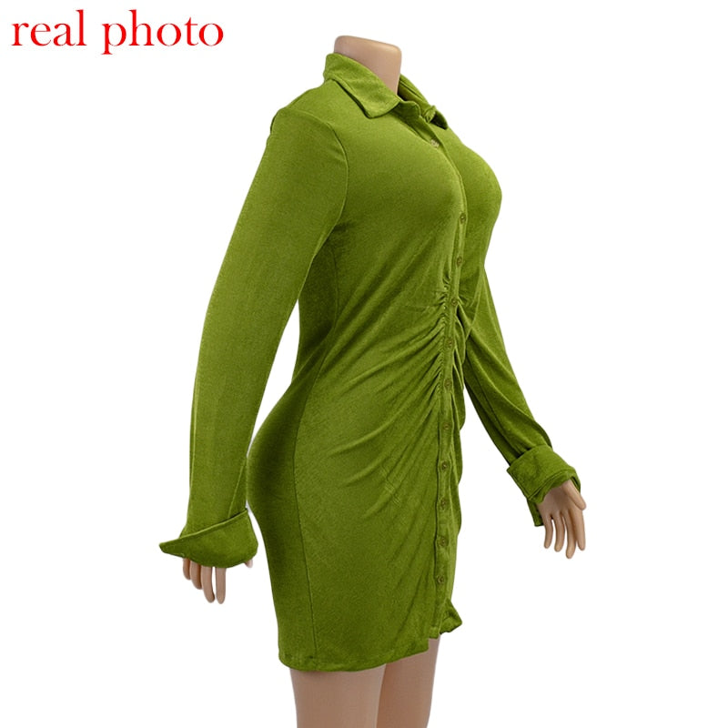 Turn-Down Collar Green Shirt Club Party Long Sleeve Button Mini Dress Spring Streetwear The Clothing Company Sydney