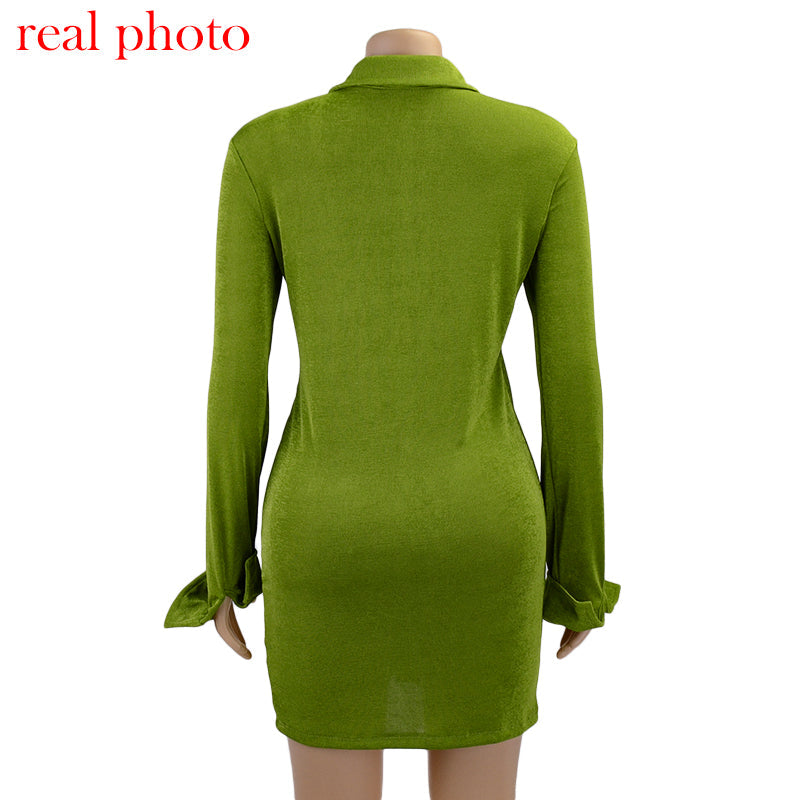Turn-Down Collar Green Shirt Club Party Long Sleeve Button Mini Dress Spring Streetwear The Clothing Company Sydney