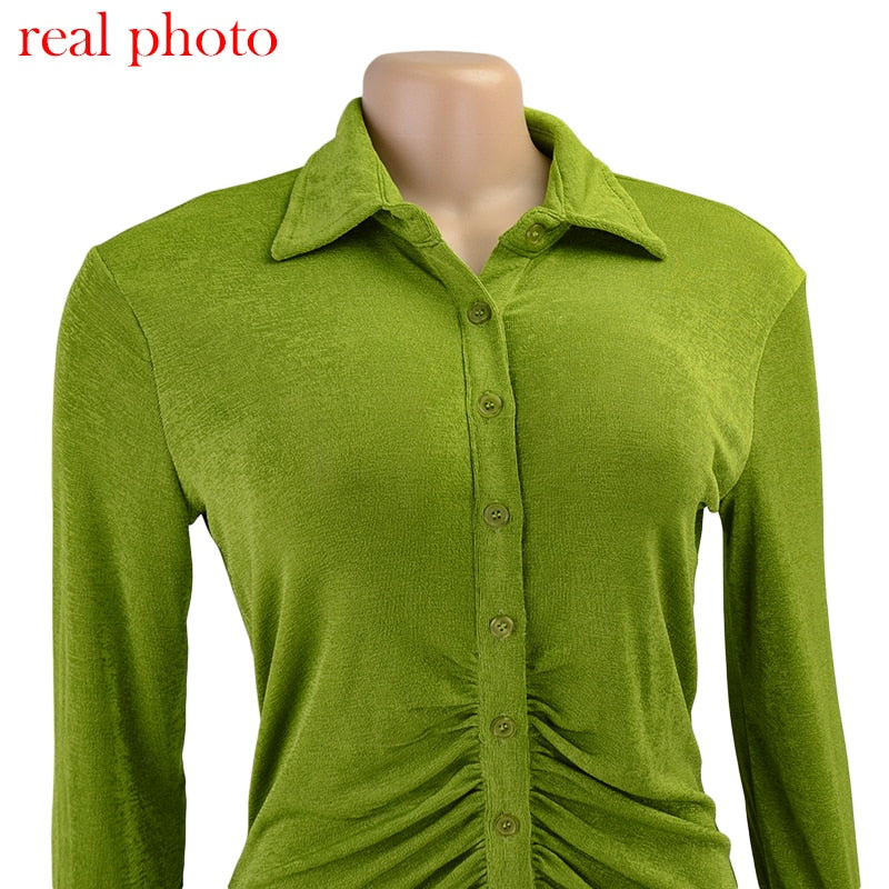 Turn-Down Collar Green Shirt Club Party Long Sleeve Button Mini Dress Spring Streetwear The Clothing Company Sydney