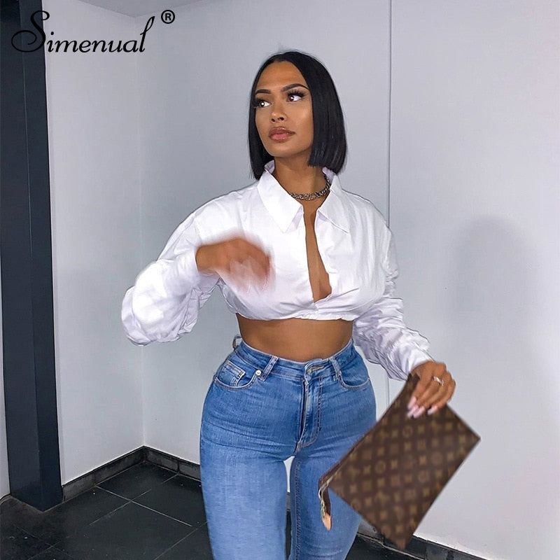 Button Ruched White Puff Sleeve Blouse Shirts Women's Long Sleeve Crop Blouses Solid Top The Clothing Company Sydney