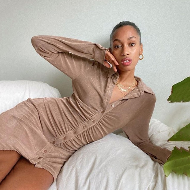 Turn-Down Collar Green Shirt Club Party Long Sleeve Button Mini Dress Spring Streetwear The Clothing Company Sydney
