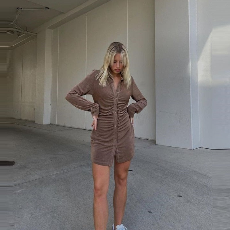 Turn-Down Collar Green Shirt Club Party Long Sleeve Button Mini Dress Spring Streetwear The Clothing Company Sydney