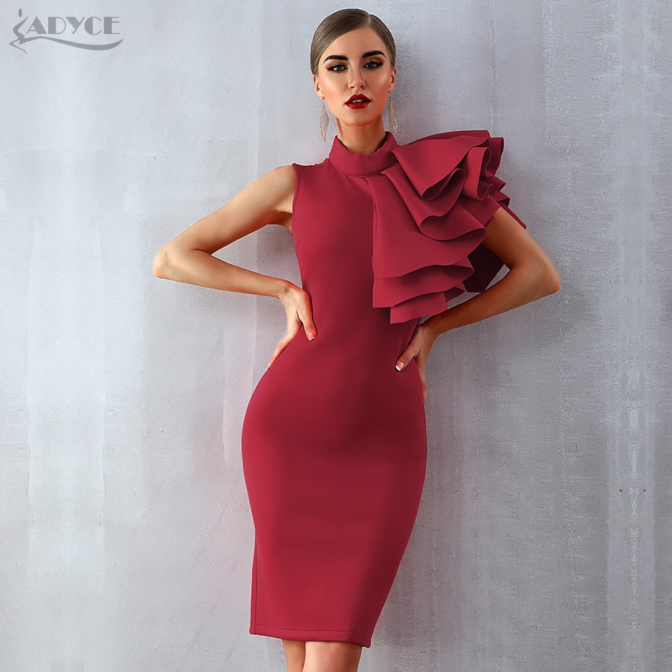 Wine Red Celebrity Evening Runway Party Sleeveless Ruffles Bodycon Midi Night Club Dress The Clothing Company Sydney
