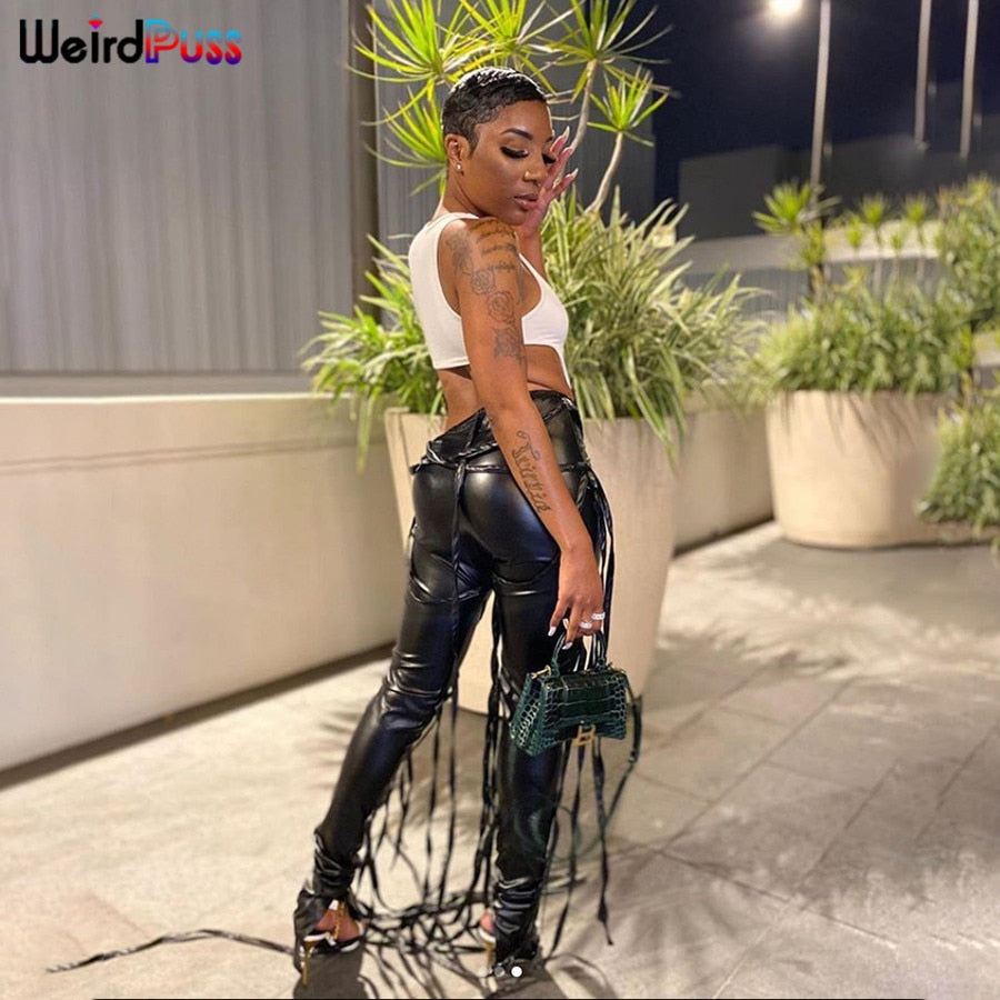 Faux Leather Skinny Sling High Waist Pencil Pants Asymmetry Solid Chic Tight Trouser Fall String Pants The Clothing Company Sydney