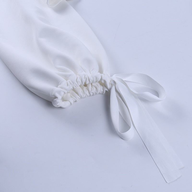 Elegant T Shirt Slash Neck Lantern Sleeve Bandage Solid White Tops Autumn Casual Slim Office Top The Clothing Company Sydney