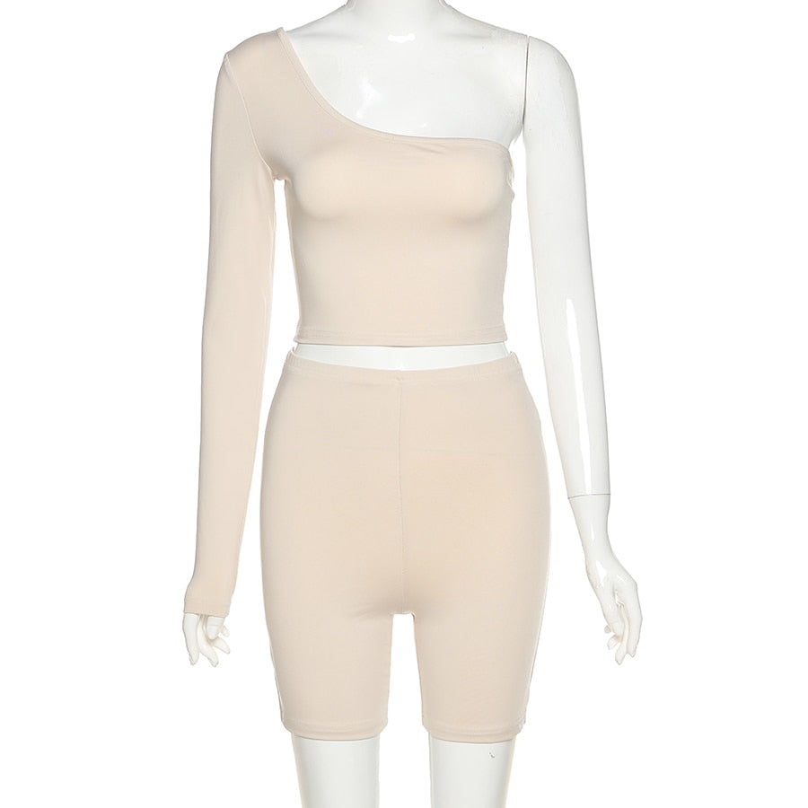 Solid Asymmetrical Two Piece One Shoulder Tracksuit Crop Tops+Elastic Bike Shorts Sporty Matching Suits Casual Outfit Set The Clothing Company Sydney