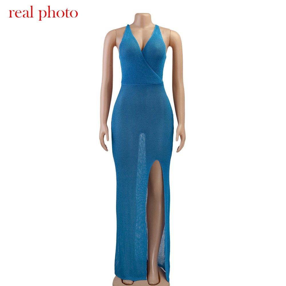 Crochet Beach Maxi See Through Plunge Backless Bandage Sleeveless Lacing Split Long Dresses The Clothing Company Sydney
