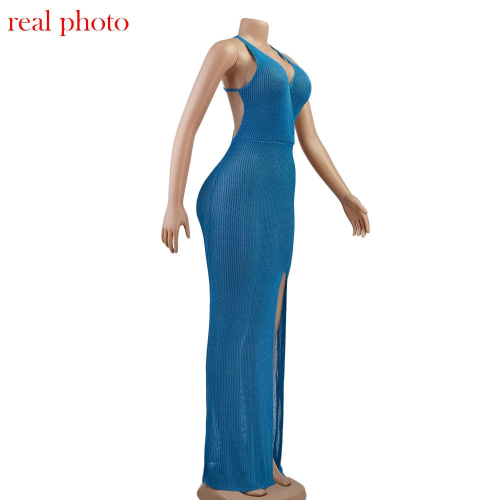 Crochet Beach Maxi See Through Plunge Backless Bandage Sleeveless Lacing Split Long Dresses The Clothing Company Sydney