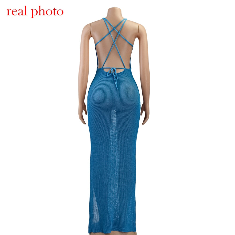 Crochet Beach Maxi See Through Plunge Backless Bandage Sleeveless Lacing Split Long Dresses The Clothing Company Sydney