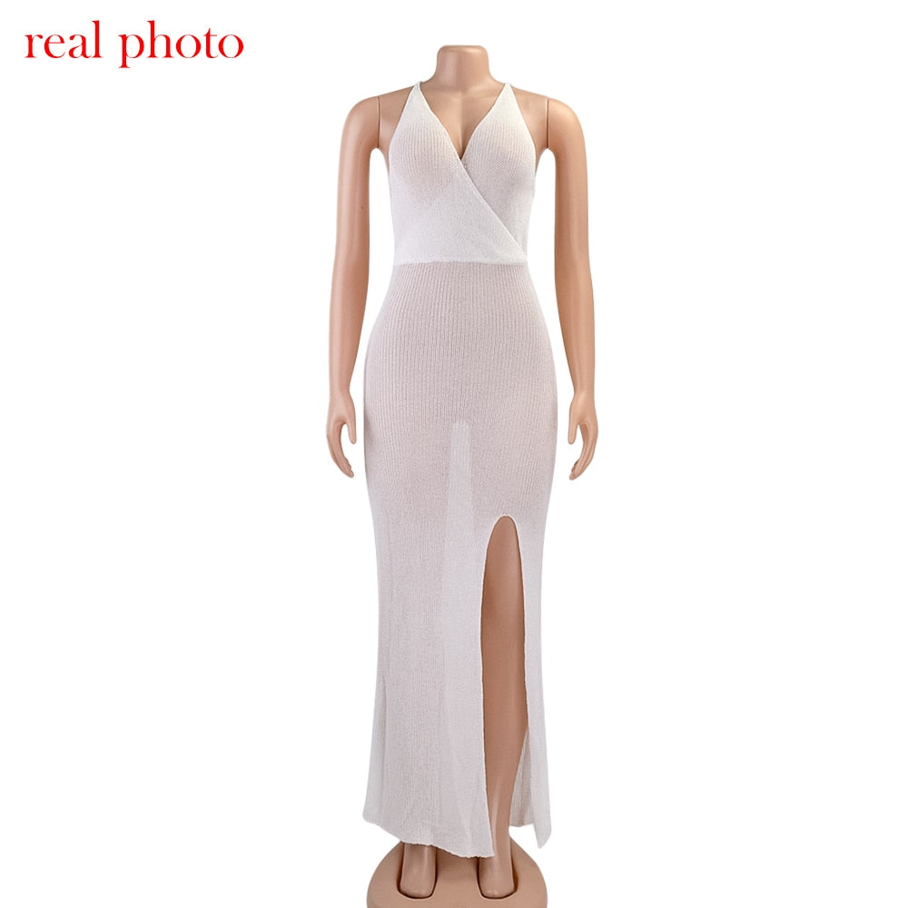Crochet Beach Maxi See Through Plunge Backless Bandage Sleeveless Lacing Split Long Dresses The Clothing Company Sydney