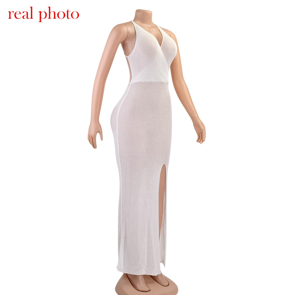 Crochet Beach Maxi See Through Plunge Backless Bandage Sleeveless Lacing Split Long Dresses The Clothing Company Sydney