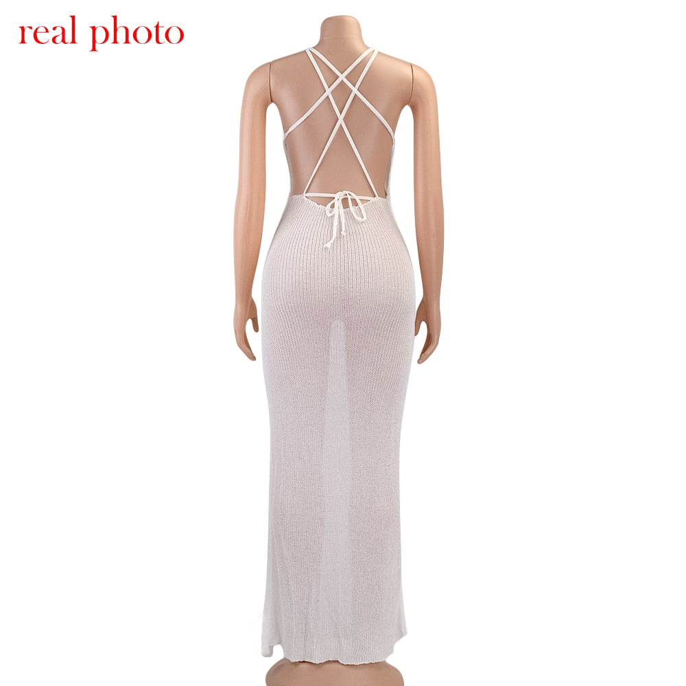 Crochet Beach Maxi See Through Plunge Backless Bandage Sleeveless Lacing Split Long Dresses The Clothing Company Sydney