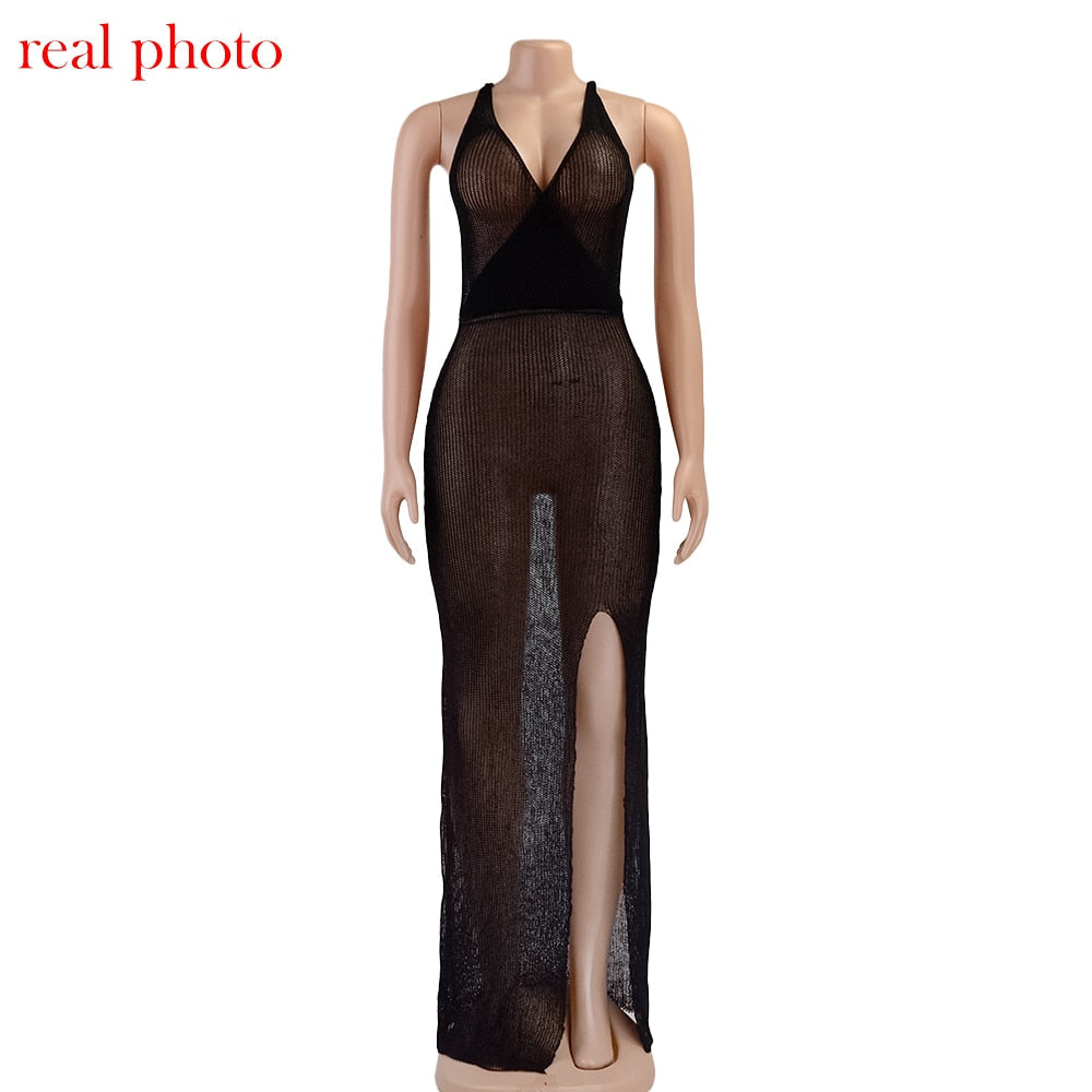 Crochet Beach Maxi See Through Plunge Backless Bandage Sleeveless Lacing Split Long Dresses The Clothing Company Sydney