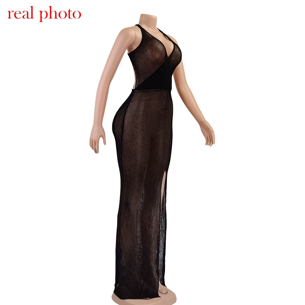 Crochet Beach Maxi See Through Plunge Backless Bandage Sleeveless Lacing Split Long Dresses The Clothing Company Sydney