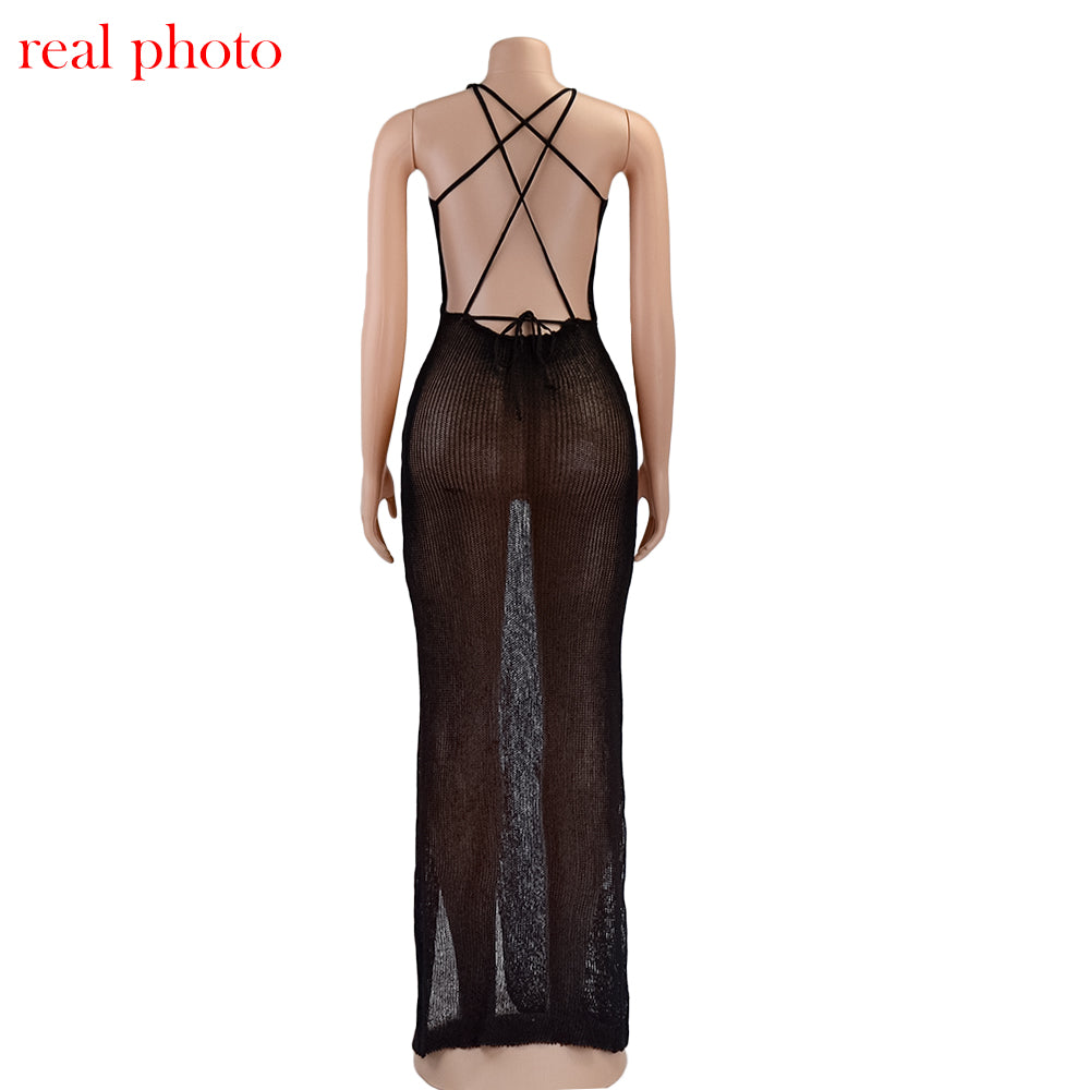 Crochet Beach Maxi See Through Plunge Backless Bandage Sleeveless Lacing Split Long Dresses The Clothing Company Sydney
