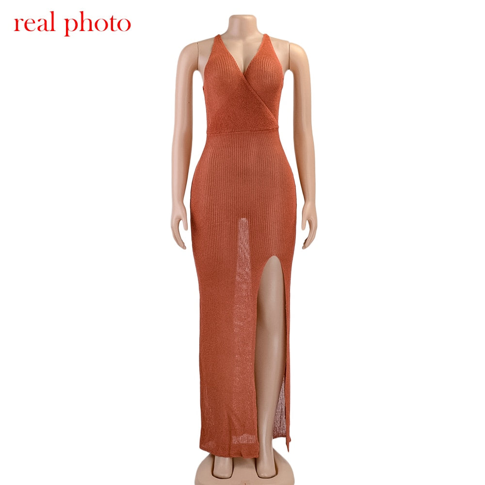 Crochet Beach Maxi See Through Plunge Backless Bandage Sleeveless Lacing Split Long Dresses The Clothing Company Sydney