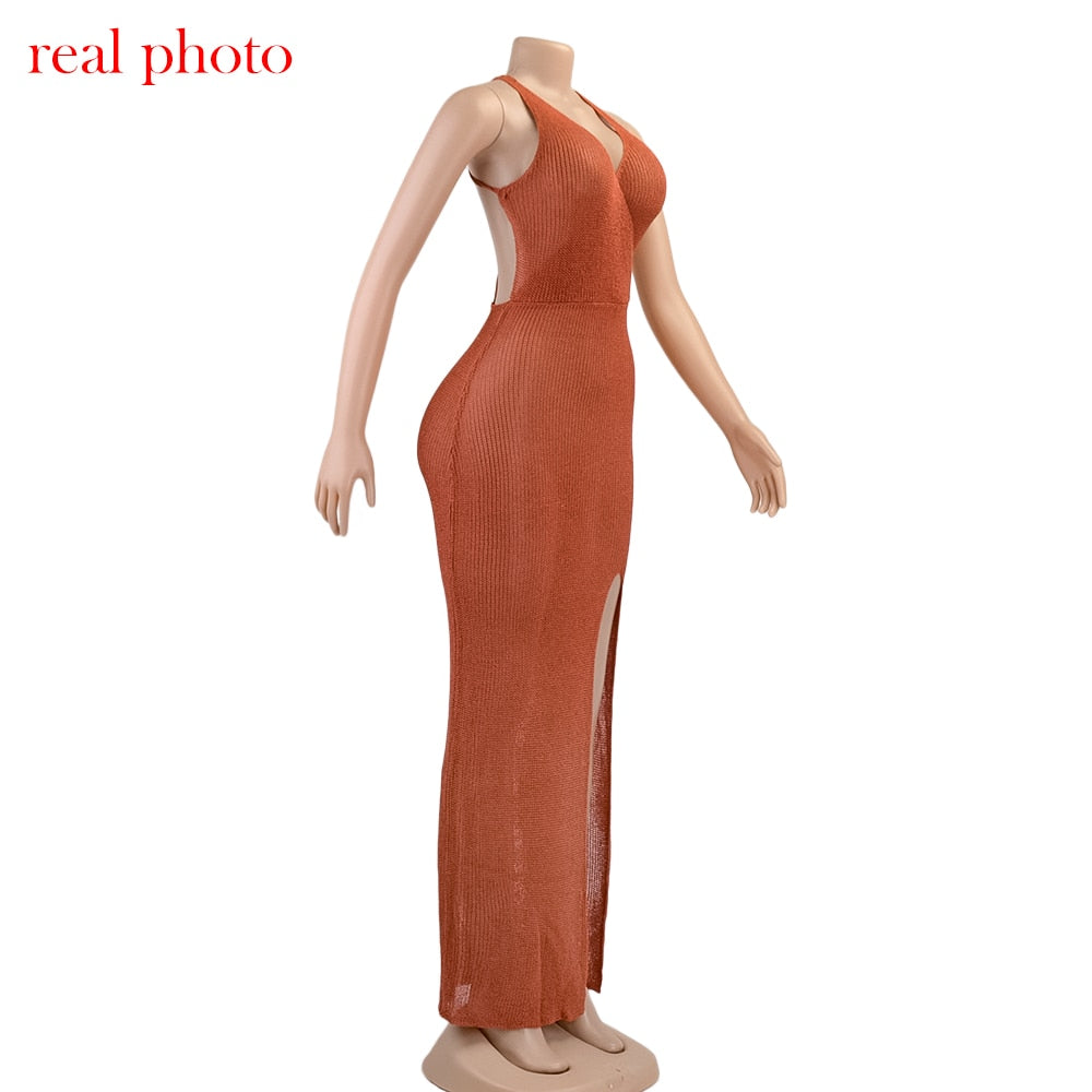 Crochet Beach Maxi See Through Plunge Backless Bandage Sleeveless Lacing Split Long Dresses The Clothing Company Sydney