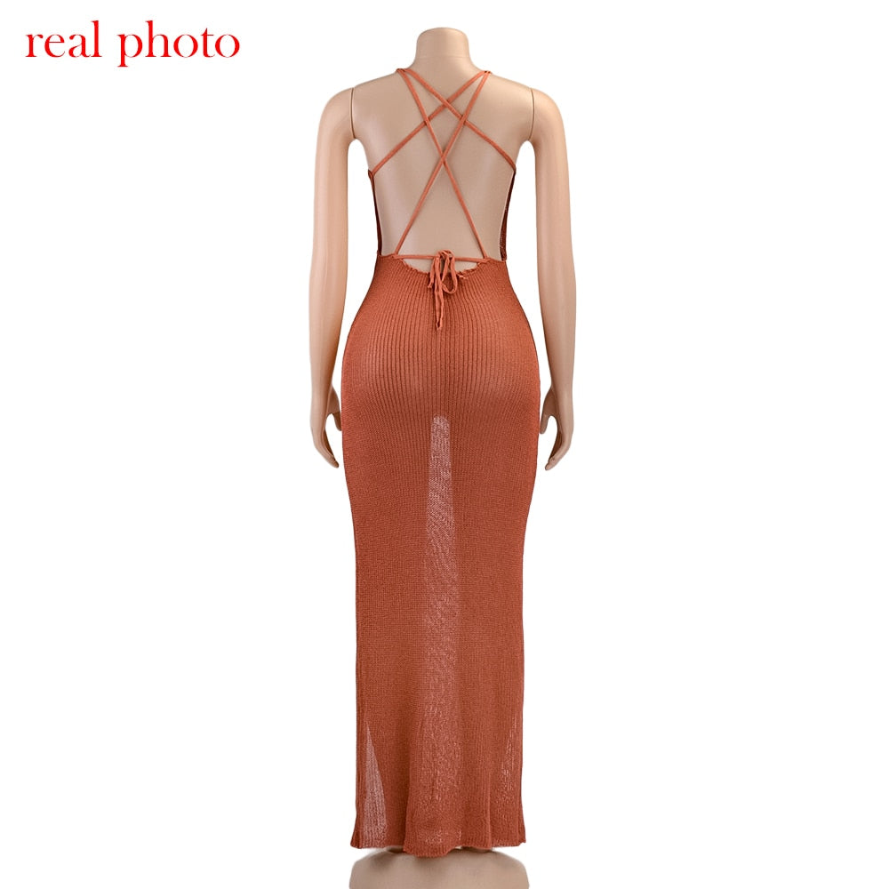 Crochet Beach Maxi See Through Plunge Backless Bandage Sleeveless Lacing Split Long Dresses The Clothing Company Sydney