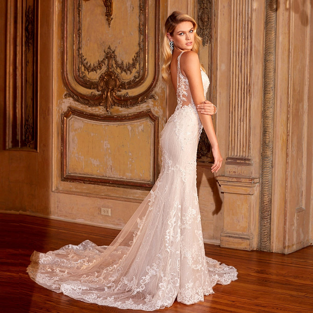Elegant Shiny Mermaid Wedding V-neck Backless Appliques Lace Beading Gowns Dress The Clothing Company Sydney