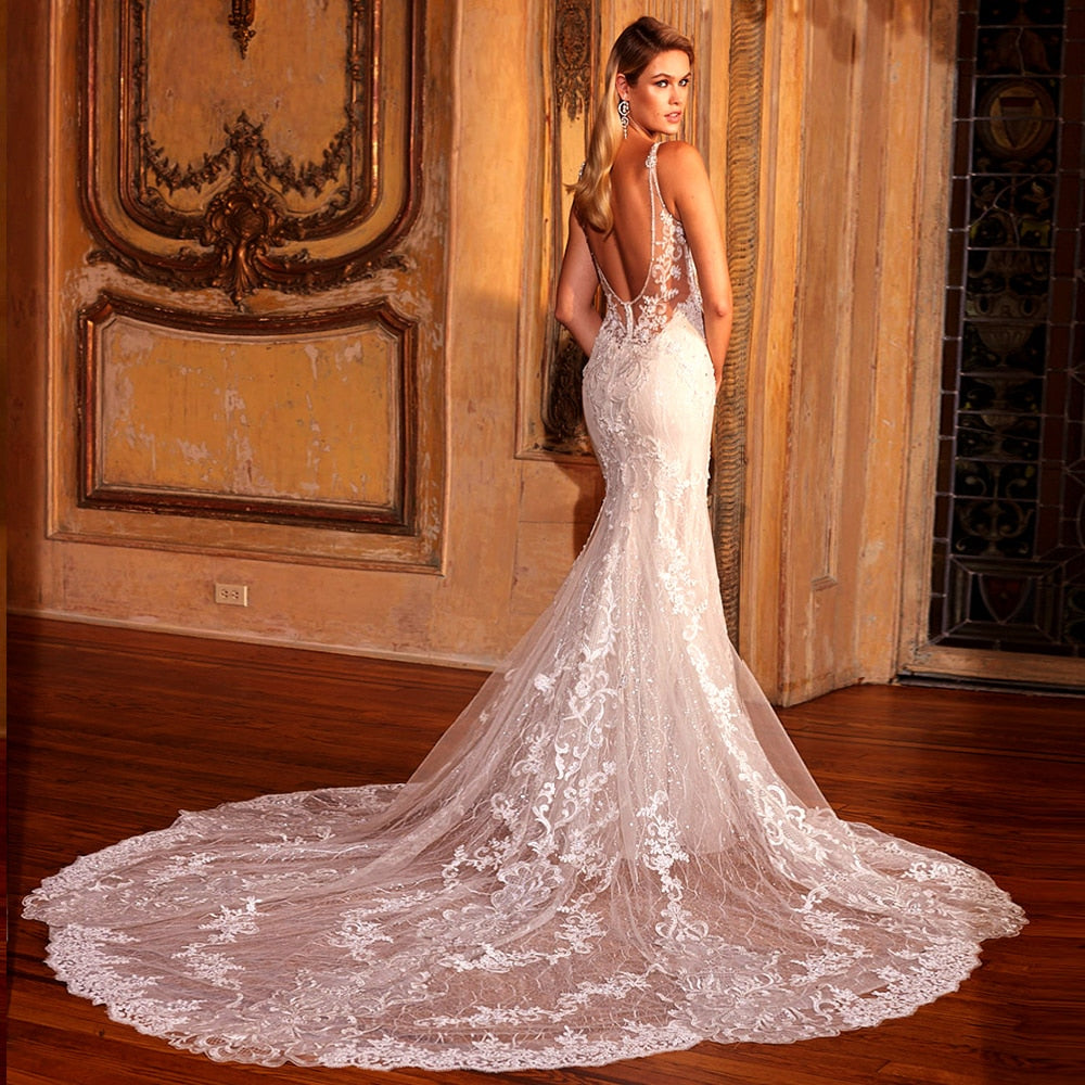 Elegant Shiny Mermaid Wedding V-neck Backless Appliques Lace Beading Gowns Dress The Clothing Company Sydney