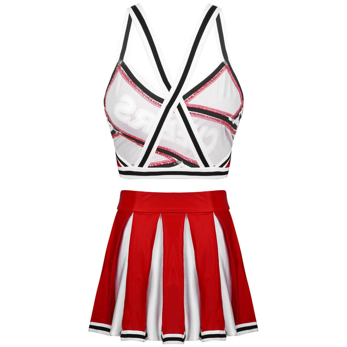 2 Piece Cheerleader Costume Cosplay Elastic Striped Shoulder Straps Back Cross Crop Top with High Waist Pleated Skirt The Clothing Company Sydney