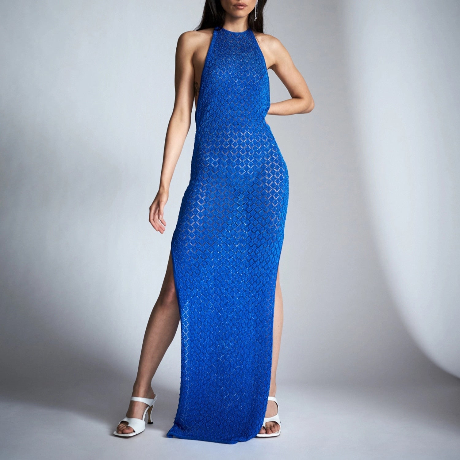 Sleeveless Halter Backless Maxi Knitted See Through Beachwear Summer Holiday Long Split Dresses The Clothing Company Sydney