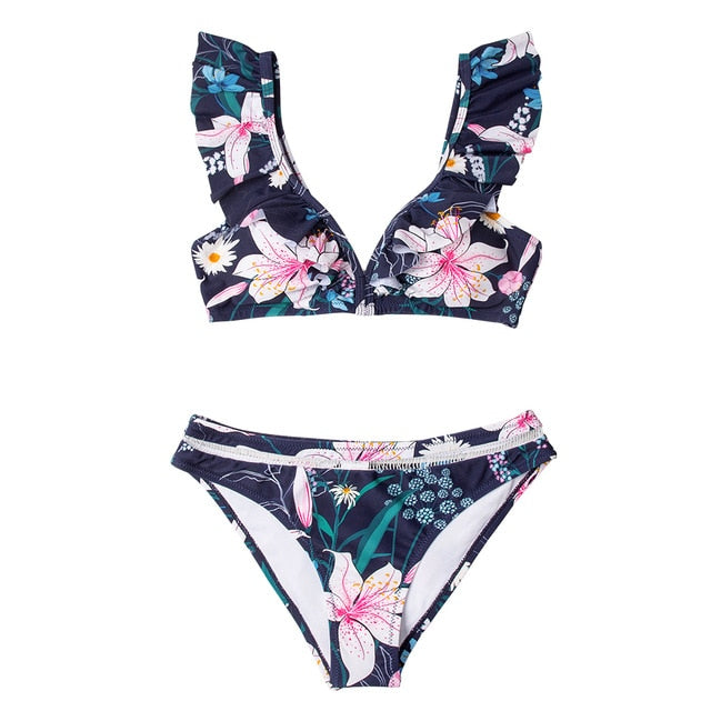 Black Floral Ruffled V-neck Bikini Sets Swimsuit Lace Up Two Pieces Swimwear Beach Bathing Suits The Clothing Company Sydney