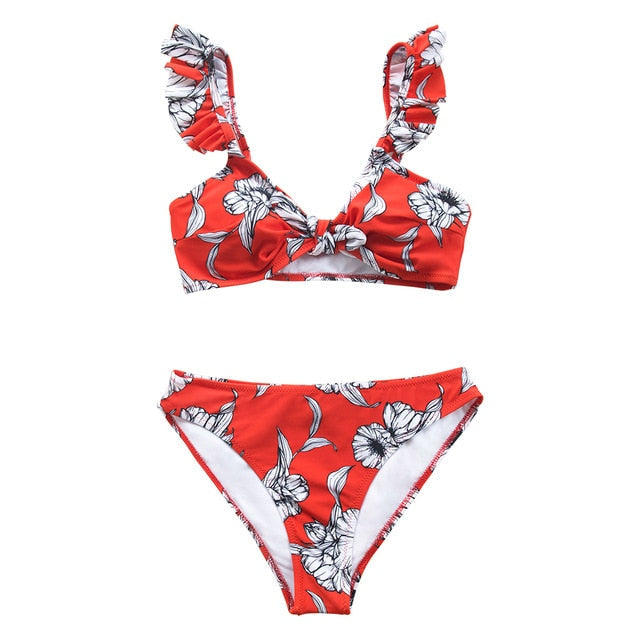 Black Floral Ruffled V-neck Bikini Sets Swimsuit Lace Up Two Pieces Swimwear Beach Bathing Suits The Clothing Company Sydney