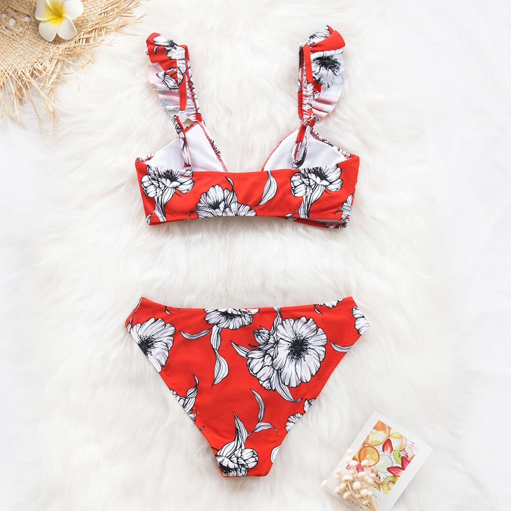 Black Floral Ruffled V-neck Bikini Sets Swimsuit Lace Up Two Pieces Swimwear Beach Bathing Suits The Clothing Company Sydney