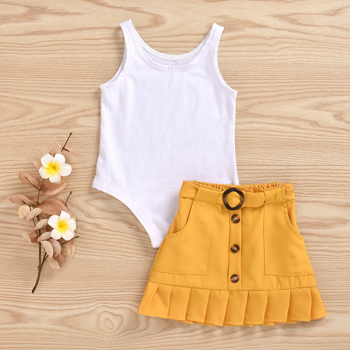 2 Piece Toddler Kids Baby Girl Clothes Sleeveless Solid Vest Romper Yellow Pleated Skirt Summer Outfit Set The Clothing Company Sydney