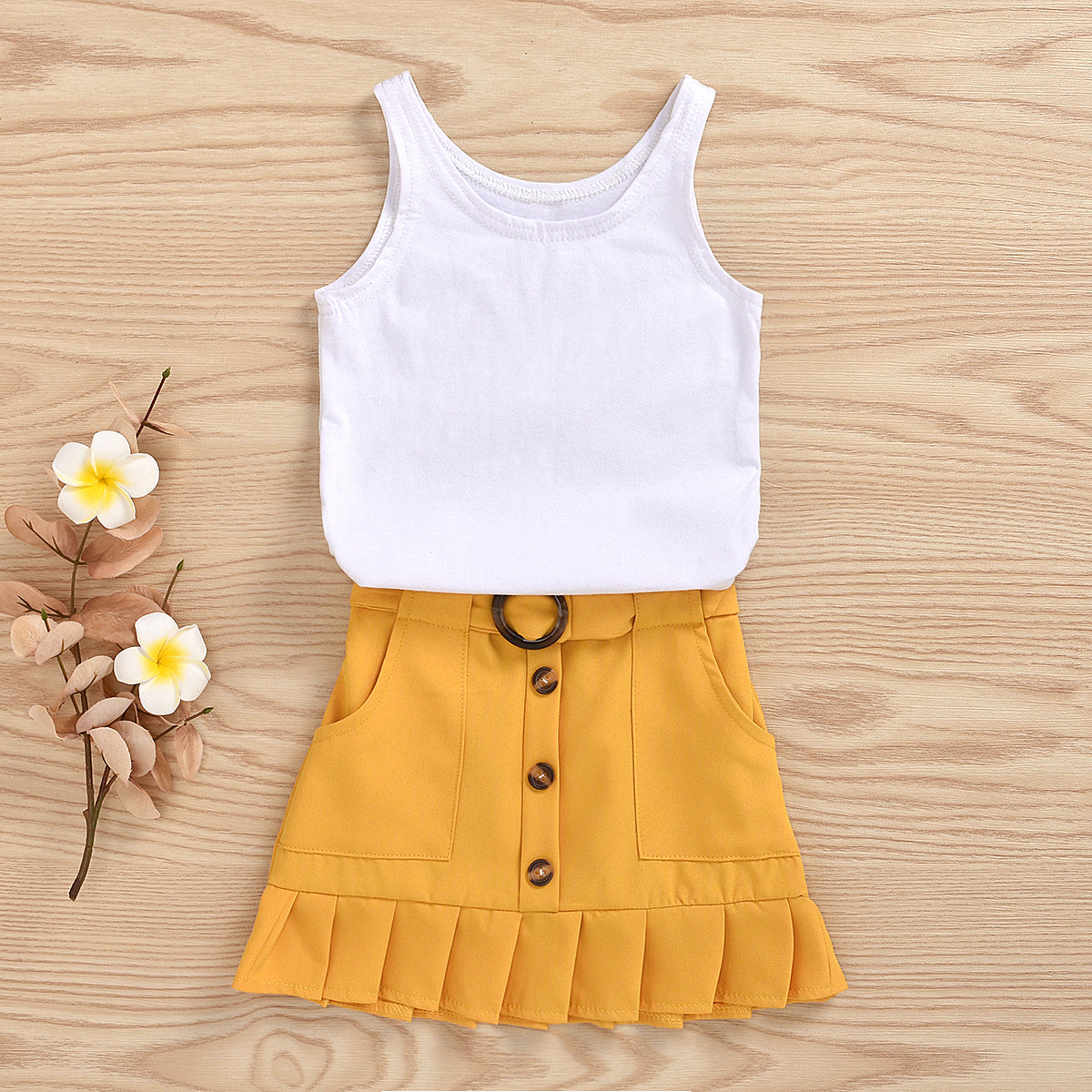2 Piece Toddler Kids Baby Girl Clothes Sleeveless Solid Vest Romper Yellow Pleated Skirt Summer Outfit Set The Clothing Company Sydney