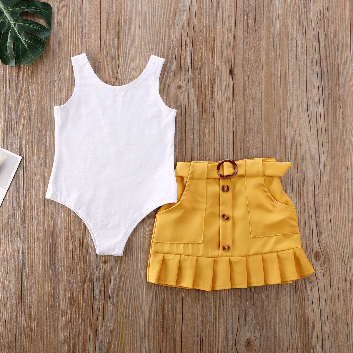 2 Piece Toddler Kids Baby Girl Clothes Sleeveless Solid Vest Romper Yellow Pleated Skirt Summer Outfit Set The Clothing Company Sydney