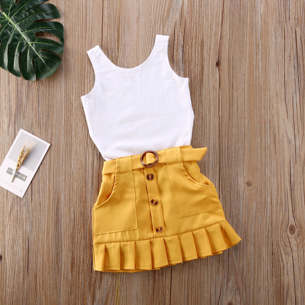 2 Piece Toddler Kids Baby Girl Clothes Sleeveless Solid Vest Romper Yellow Pleated Skirt Summer Outfit Set The Clothing Company Sydney