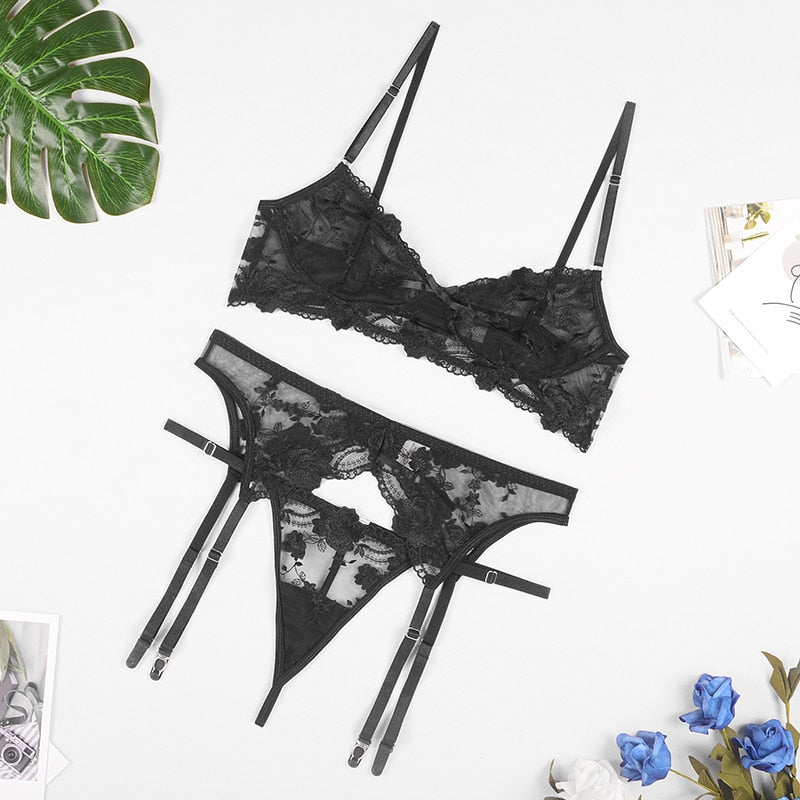 Embroidery Sexy Lingerie Thin Transparent Lace Push up Bra Set Bra+Garters+Thong 3 Piece Set See Through Underwear The Clothing Company Sydney