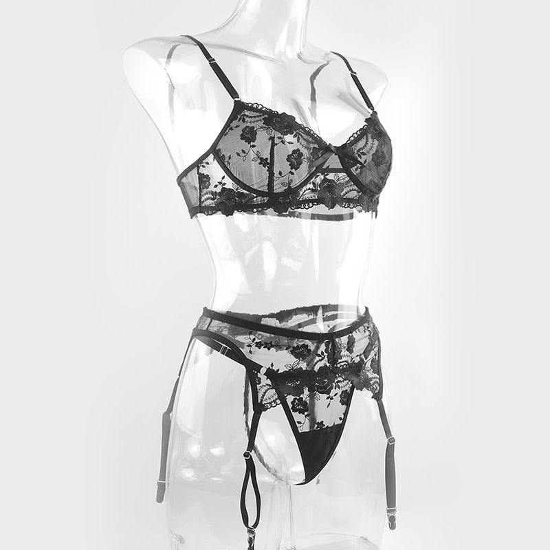 Embroidery Sexy Lingerie Thin Transparent Lace Push up Bra Set Bra+Garters+Thong 3 Piece Set See Through Underwear The Clothing Company Sydney