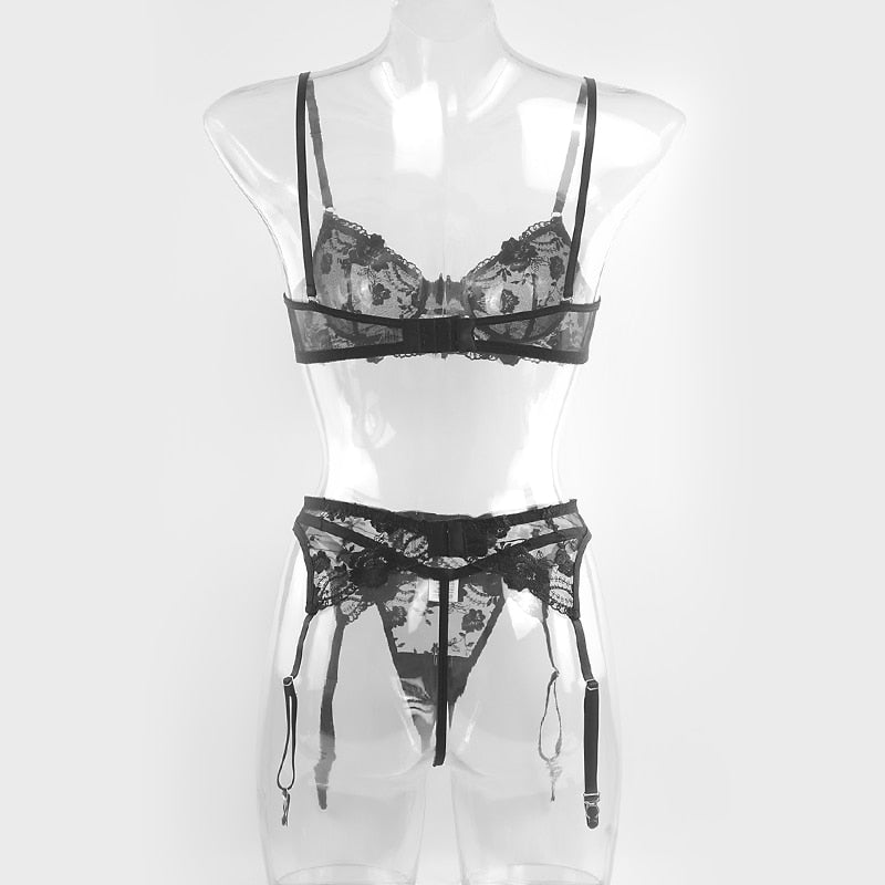 Embroidery Sexy Lingerie Thin Transparent Lace Push up Bra Set Bra+Garters+Thong 3 Piece Set See Through Underwear The Clothing Company Sydney
