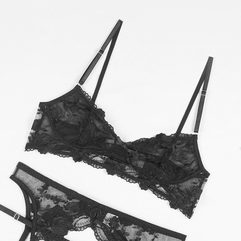 Embroidery Sexy Lingerie Thin Transparent Lace Push up Bra Set Bra+Garters+Thong 3 Piece Set See Through Underwear The Clothing Company Sydney