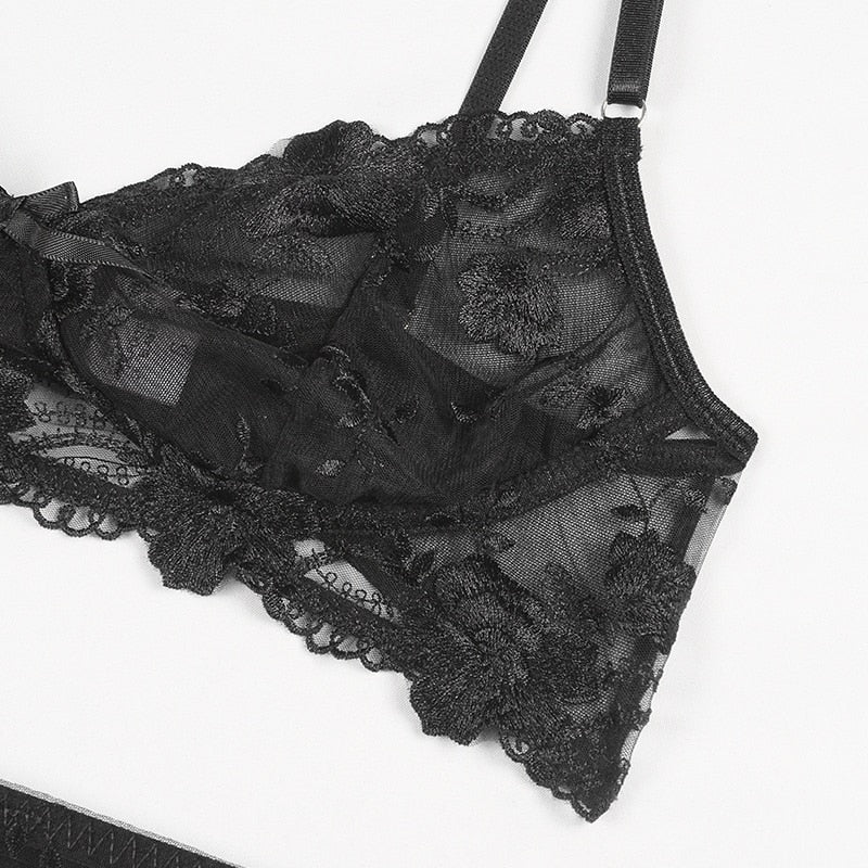 Embroidery Sexy Lingerie Thin Transparent Lace Push up Bra Set Bra+Garters+Thong 3 Piece Set See Through Underwear The Clothing Company Sydney
