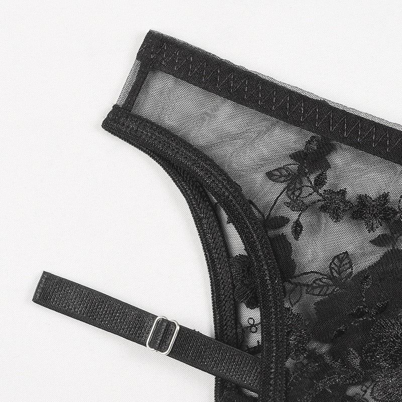 Embroidery Sexy Lingerie Thin Transparent Lace Push up Bra Set Bra+Garters+Thong 3 Piece Set See Through Underwear The Clothing Company Sydney