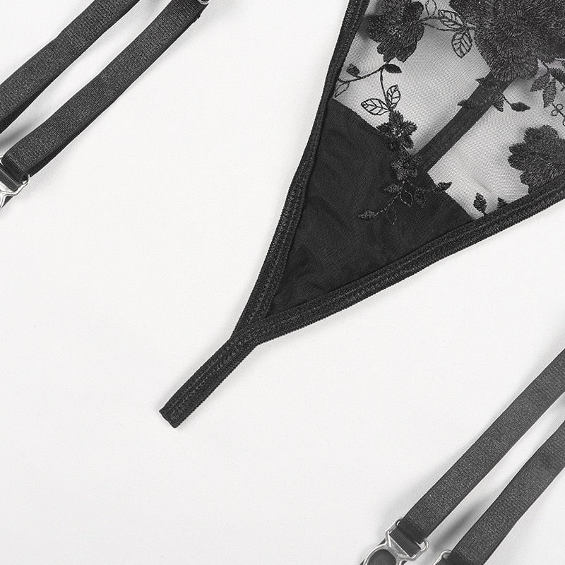 Embroidery Sexy Lingerie Thin Transparent Lace Push up Bra Set Bra+Garters+Thong 3 Piece Set See Through Underwear The Clothing Company Sydney