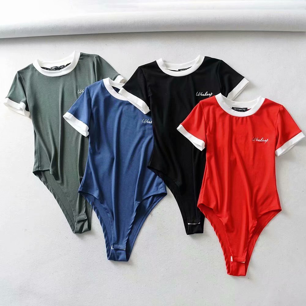 Cotton casual short sleeve summer letter embroidery contrast color rompers jumpsuit bodysuit The Clothing Company Sydney