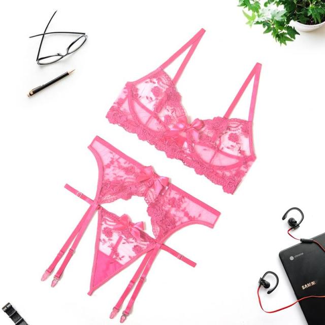 Embroidery Sexy Lingerie Thin Transparent Lace Push up Bra Set Bra+Garters+Thong 3 Piece Set See Through Underwear The Clothing Company Sydney