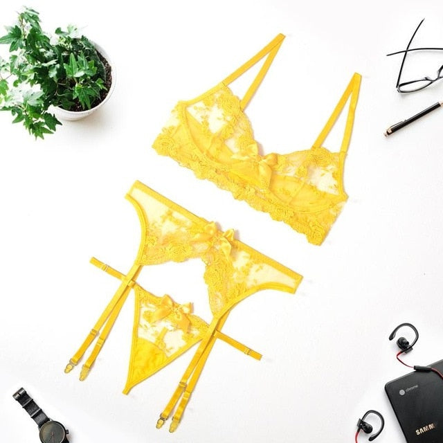 Embroidery Sexy Lingerie Thin Transparent Lace Push up Bra Set Bra+Garters+Thong 3 Piece Set See Through Underwear The Clothing Company Sydney