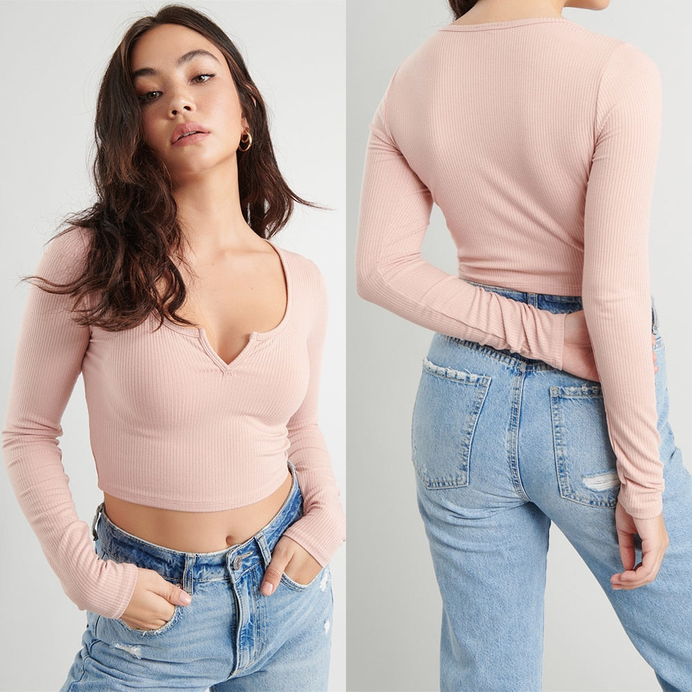 V Neck Long Sleeve Casual Crop Top Knitted T Shirt Slim Ribbed White Top The Clothing Company Sydney